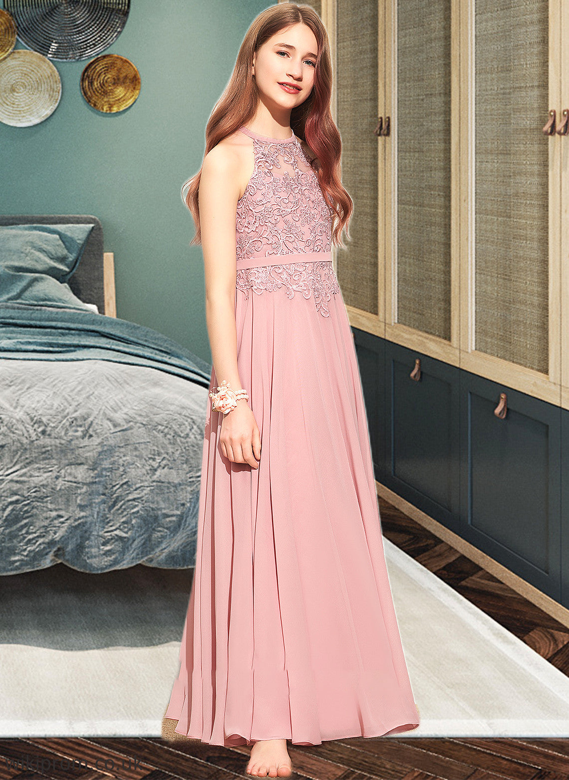 Maud A-Line Scoop Neck Floor-Length Chiffon Lace Junior Bridesmaid Dress SWKP0013549