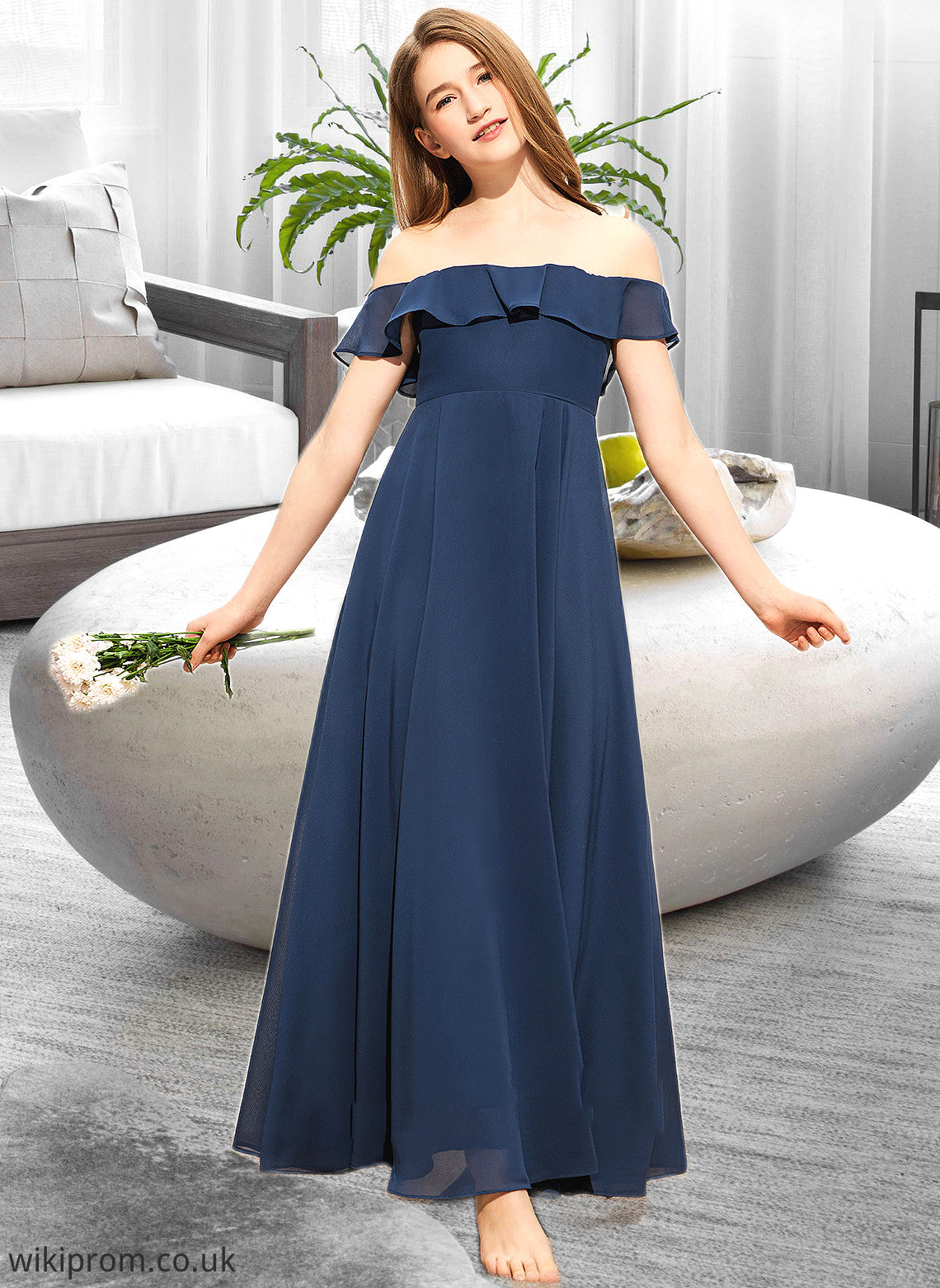 Karlee A-Line Off-the-Shoulder Floor-Length Chiffon Junior Bridesmaid Dress SWKP0013551