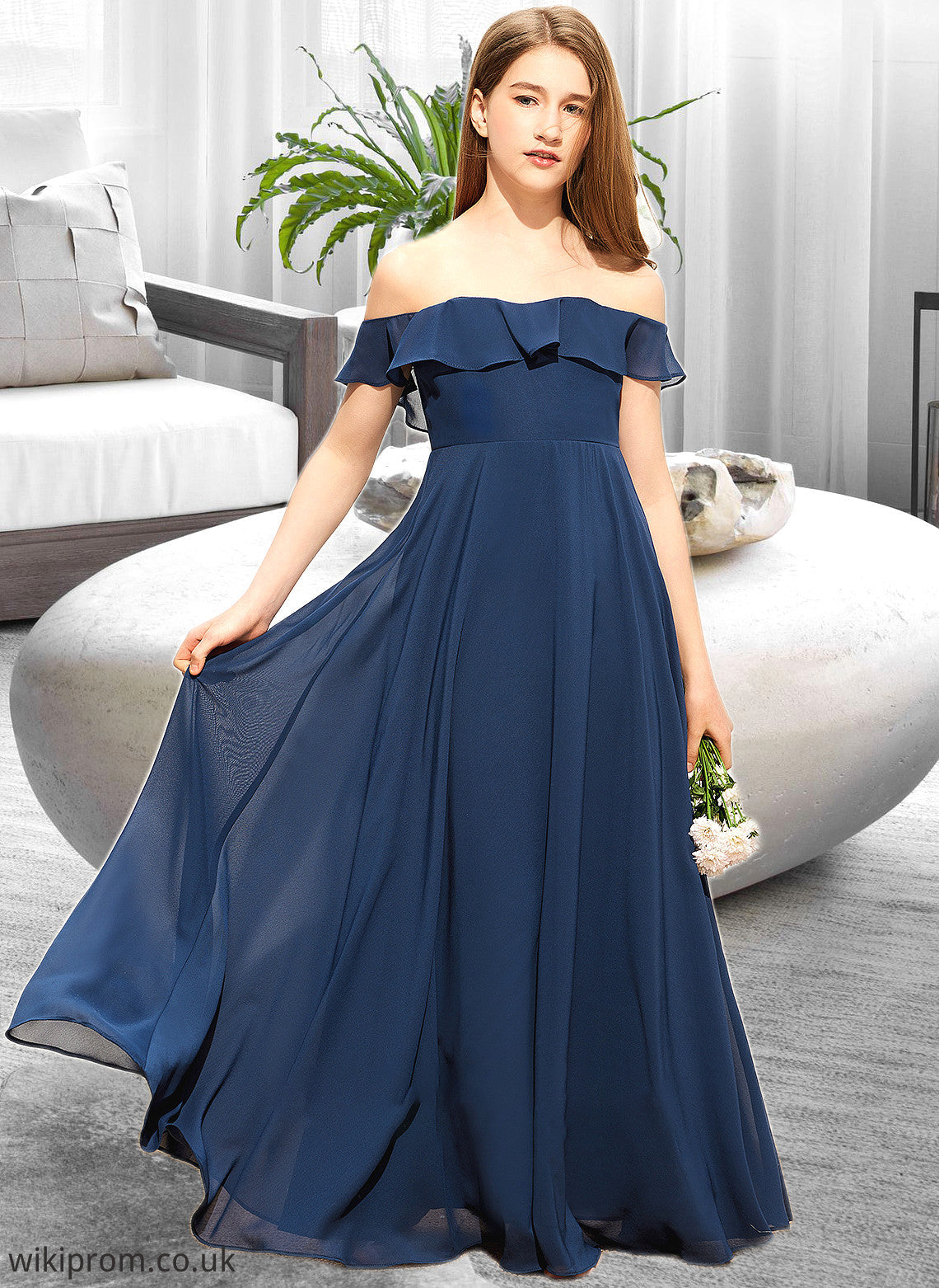 Karlee A-Line Off-the-Shoulder Floor-Length Chiffon Junior Bridesmaid Dress SWKP0013551