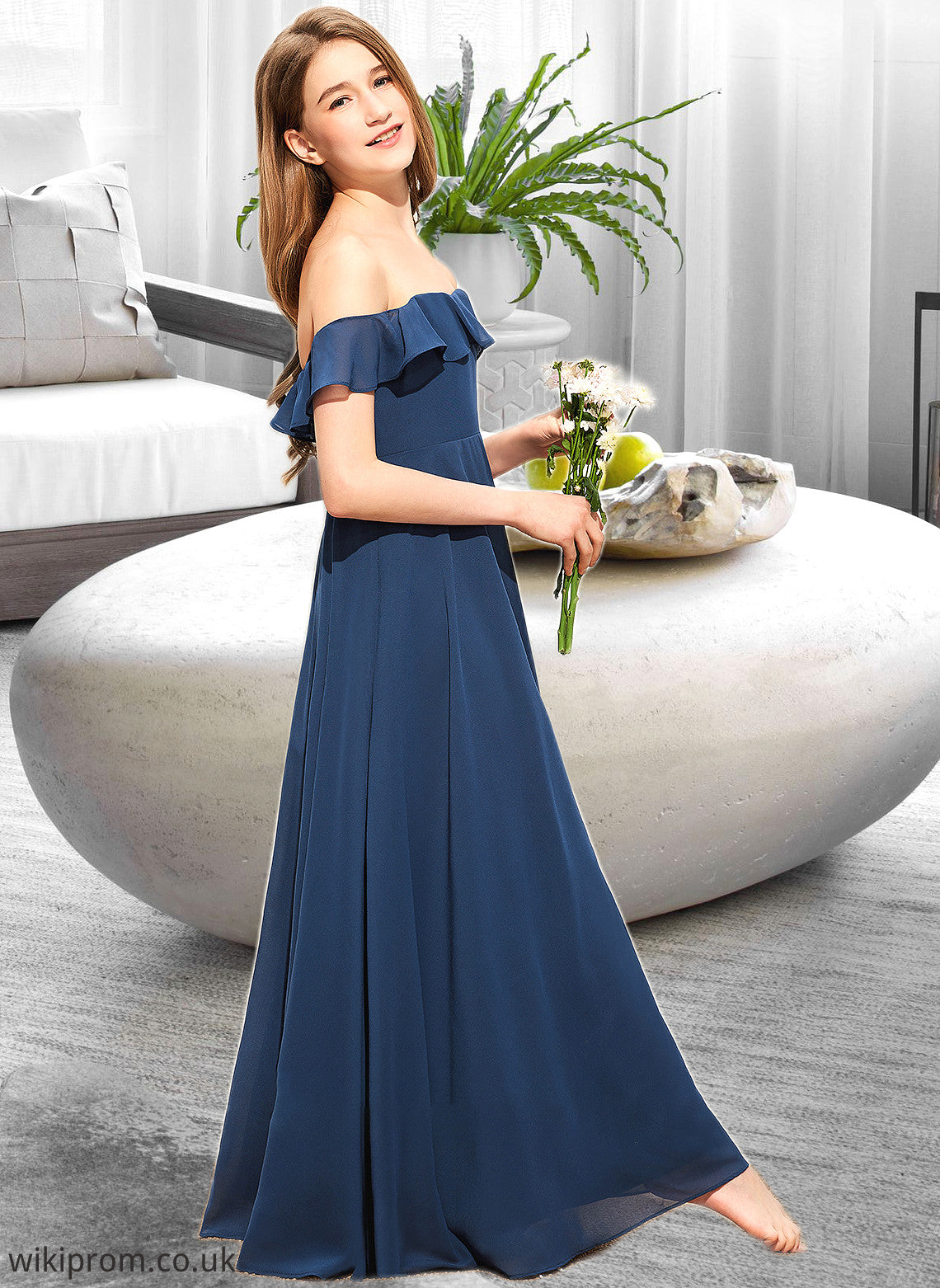 Karlee A-Line Off-the-Shoulder Floor-Length Chiffon Junior Bridesmaid Dress SWKP0013551