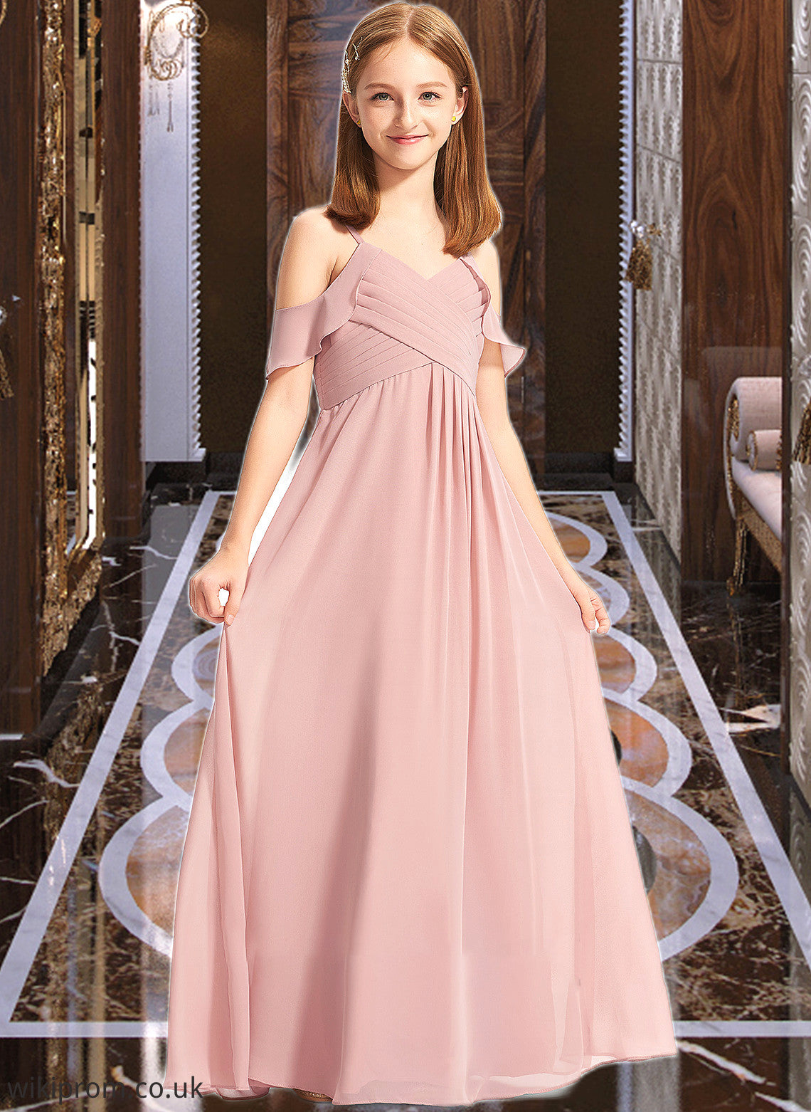 Gill A-Line Off-the-Shoulder Floor-Length Chiffon Junior Bridesmaid Dress With Cascading Ruffles SWKP0013553