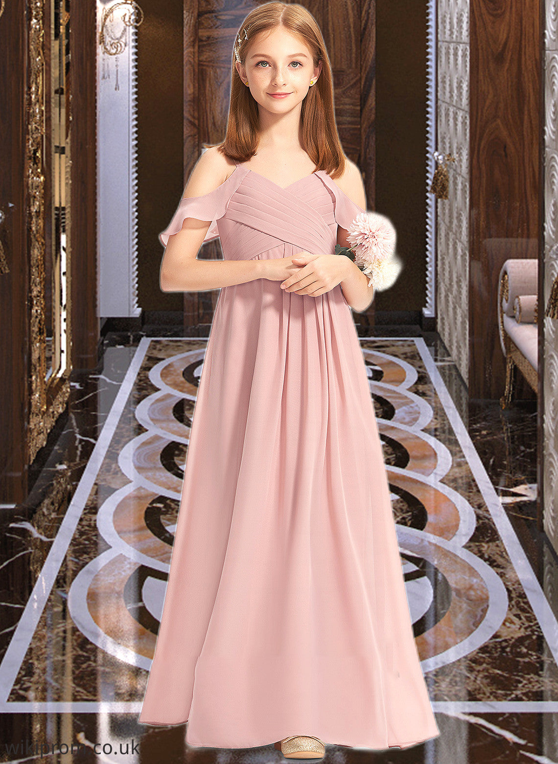 Gill A-Line Off-the-Shoulder Floor-Length Chiffon Junior Bridesmaid Dress With Cascading Ruffles SWKP0013553