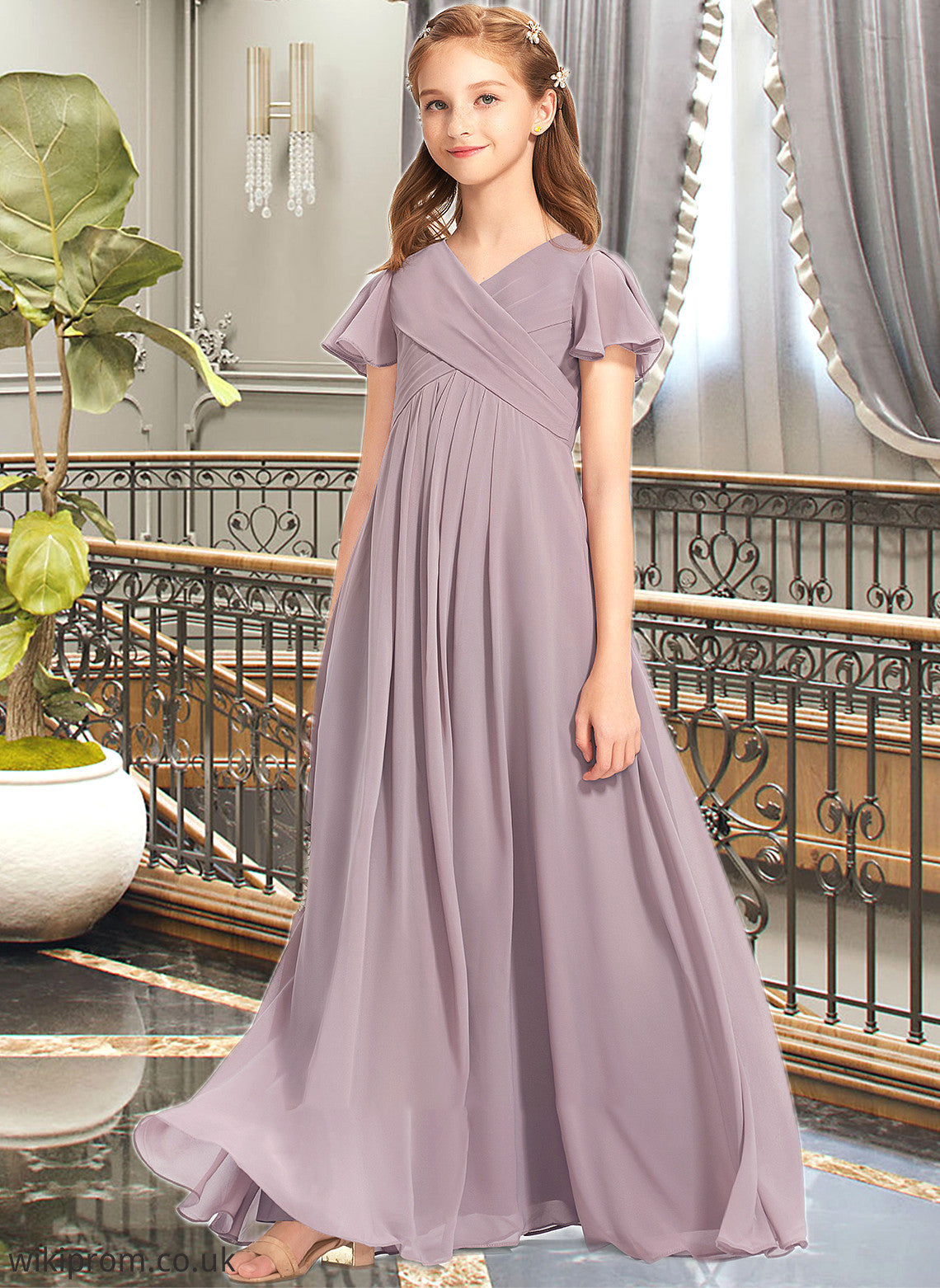 Londyn A-Line V-neck Floor-Length Chiffon Junior Bridesmaid Dress With Ruffle SWKP0013554