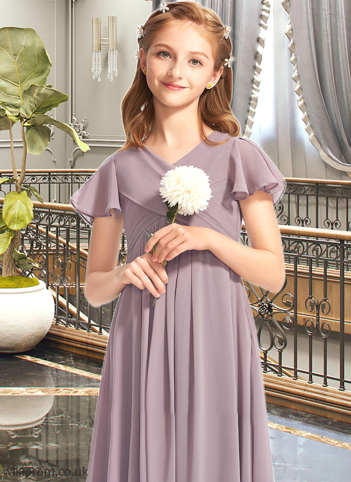 Londyn A-Line V-neck Floor-Length Chiffon Junior Bridesmaid Dress With Ruffle SWKP0013554