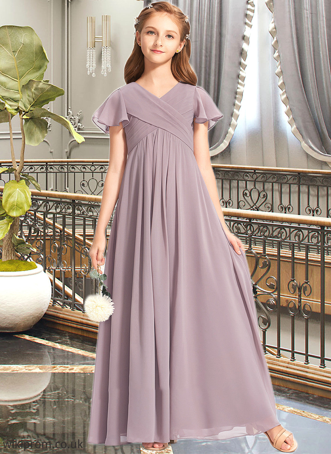 Londyn A-Line V-neck Floor-Length Chiffon Junior Bridesmaid Dress With Ruffle SWKP0013554