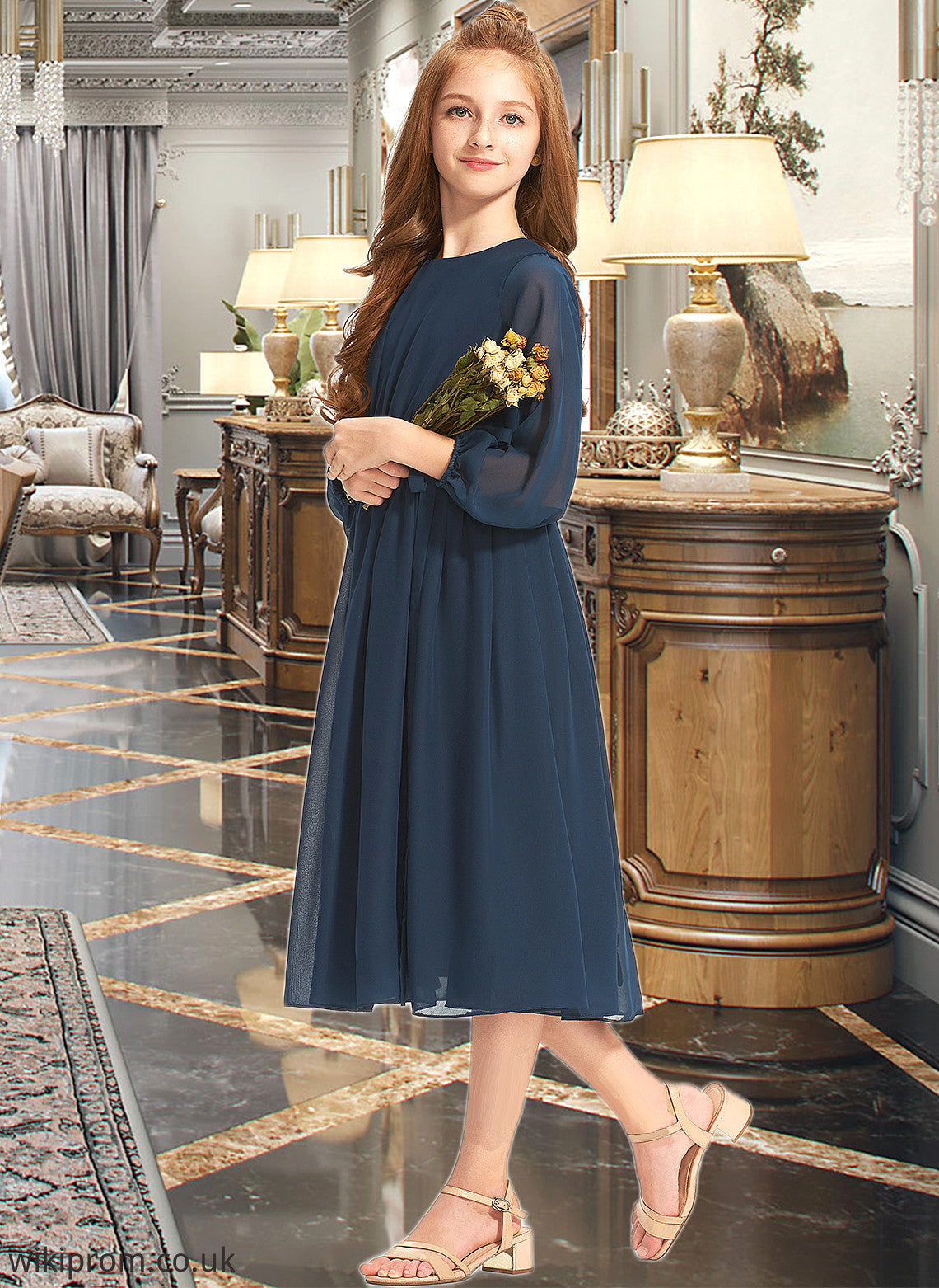 Miracle A-Line Scoop Neck Tea-Length Chiffon Junior Bridesmaid Dress With Ruffle Bow(s) SWKP0013555