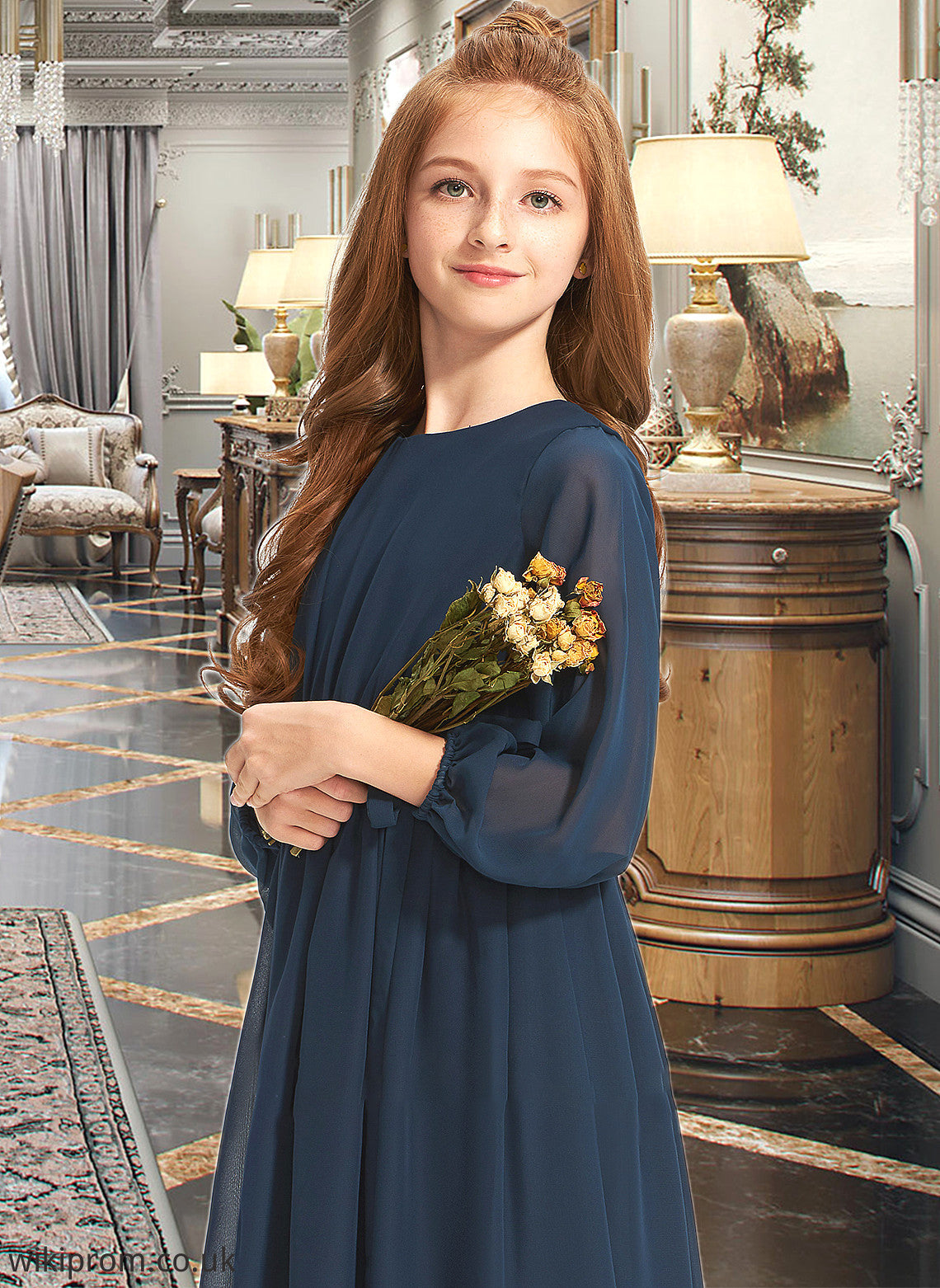 Miracle A-Line Scoop Neck Tea-Length Chiffon Junior Bridesmaid Dress With Ruffle Bow(s) SWKP0013555