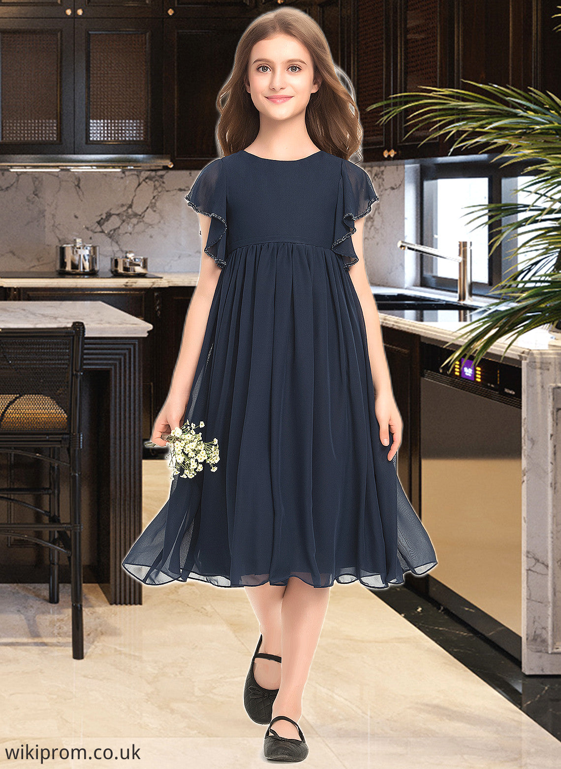 Gracie A-Line Scoop Neck Knee-Length Chiffon Junior Bridesmaid Dress With Beading SWKP0013556