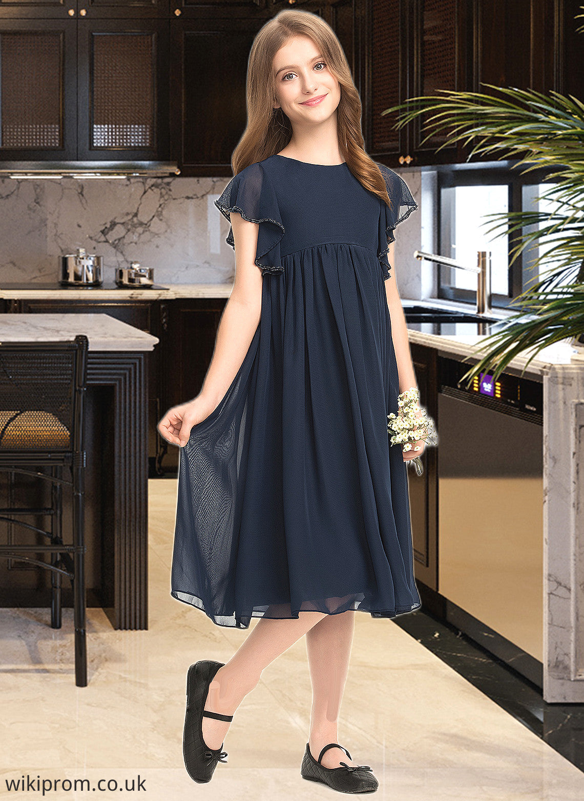 Gracie A-Line Scoop Neck Knee-Length Chiffon Junior Bridesmaid Dress With Beading SWKP0013556