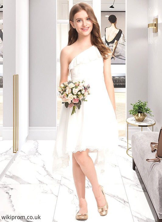 Ali A-Line One-Shoulder Asymmetrical Chiffon Lace Junior Bridesmaid Dress With Bow(s) SWKP0013557