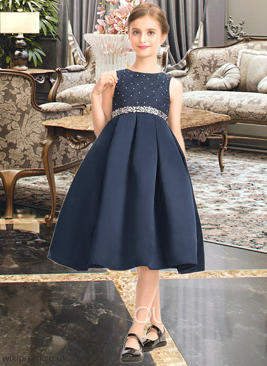 Liberty A-Line Scoop Neck Knee-Length Satin Lace Junior Bridesmaid Dress With Beading Bow(s) SWKP0013559