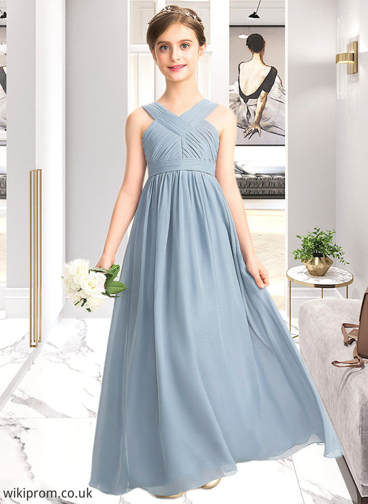 Anna A-Line V-neck Floor-Length Chiffon Junior Bridesmaid Dress With Ruffle SWKP0013561