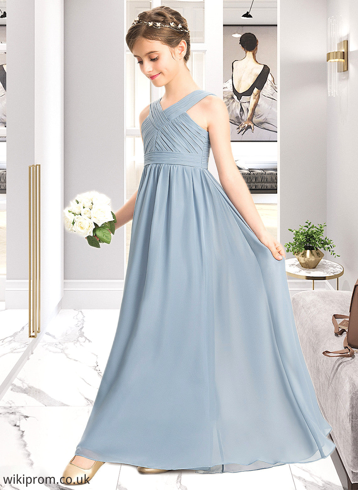 Anna A-Line V-neck Floor-Length Chiffon Junior Bridesmaid Dress With Ruffle SWKP0013561