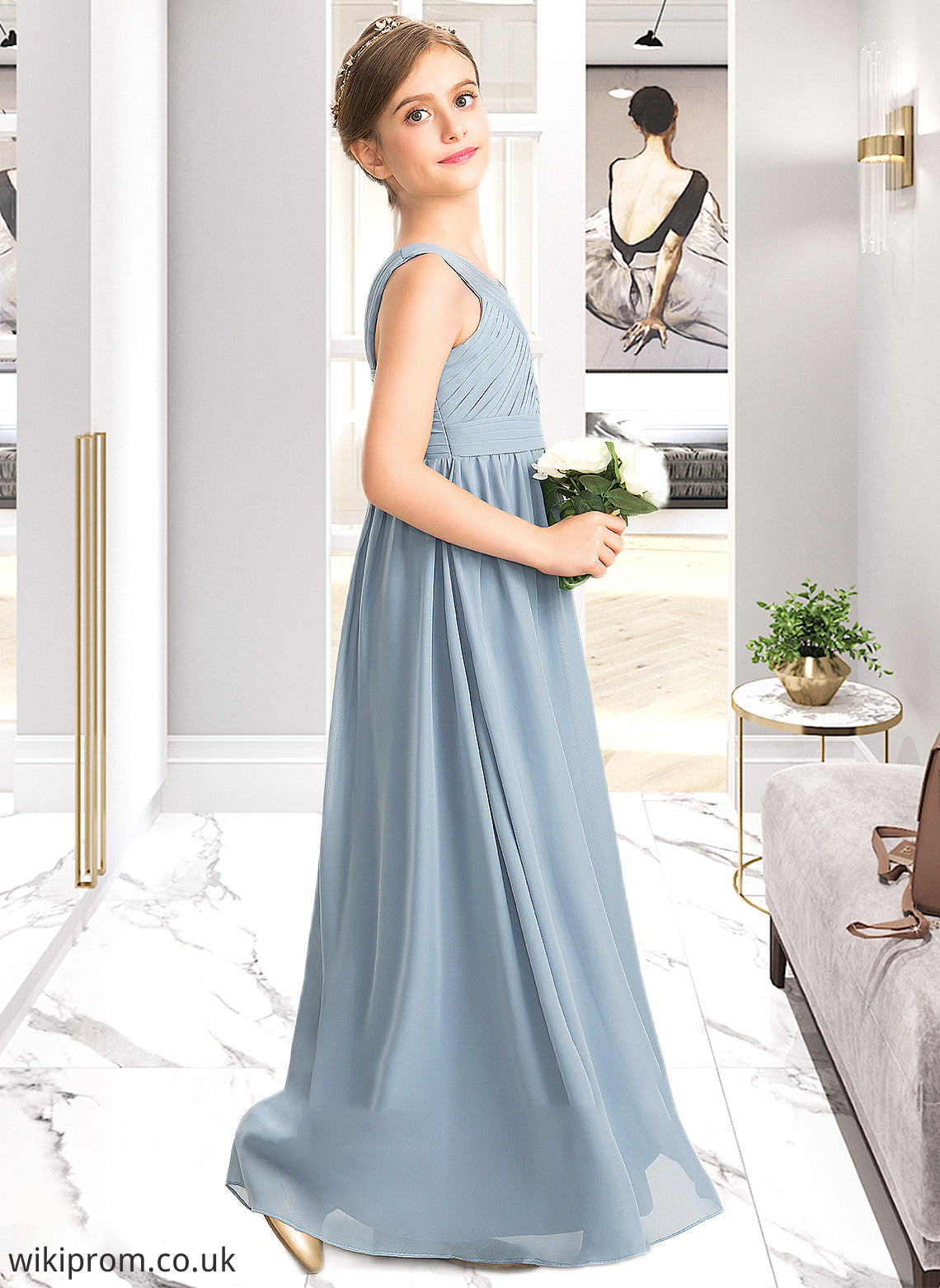 Anna A-Line V-neck Floor-Length Chiffon Junior Bridesmaid Dress With Ruffle SWKP0013561