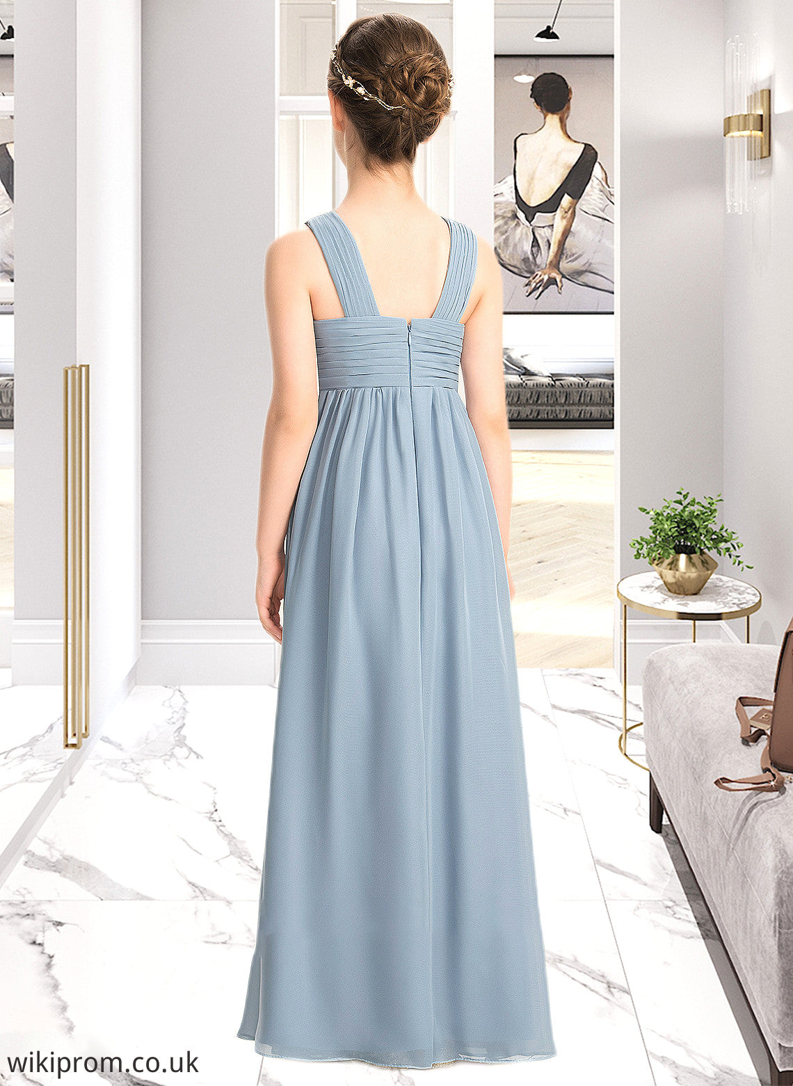 Anna A-Line V-neck Floor-Length Chiffon Junior Bridesmaid Dress With Ruffle SWKP0013561