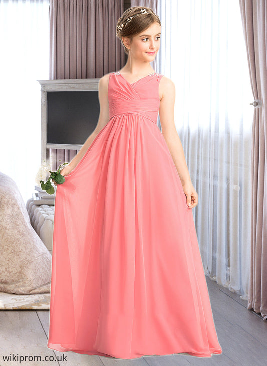 Lizbeth EmpireV-neckFloor-LengthChiffonJuniorBridesmaidDressWithRuffleBeadingSequins#173291 SWKP0013562