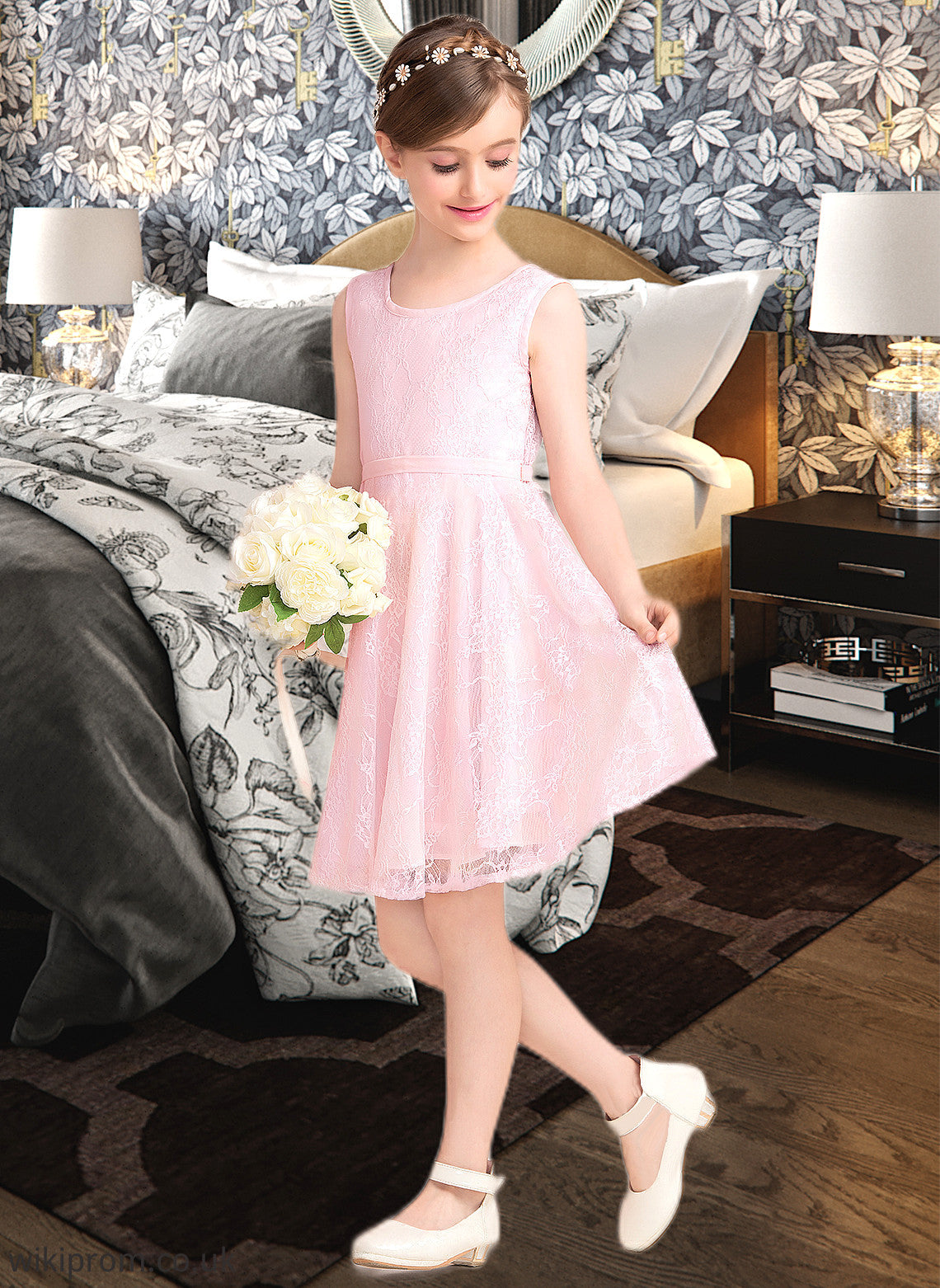 Quinn A-Line Scoop Neck Knee-Length Lace Junior Bridesmaid Dress With Sash Bow(s) SWKP0013563