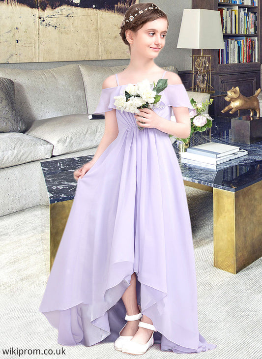 Itzel A-Line Off-the-Shoulder Asymmetrical Chiffon Junior Bridesmaid Dress With Cascading Ruffles SWKP0013566