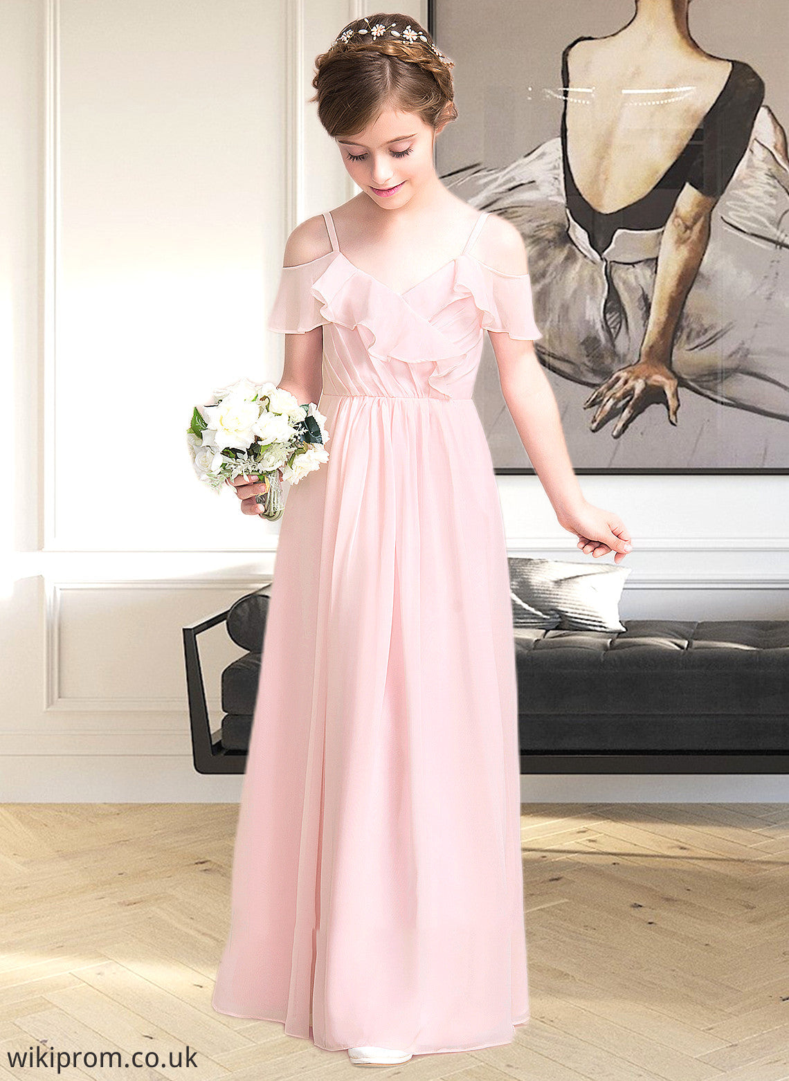 Harley A-Line V-neck Floor-Length Chiffon Junior Bridesmaid Dress With Cascading Ruffles SWKP0013567