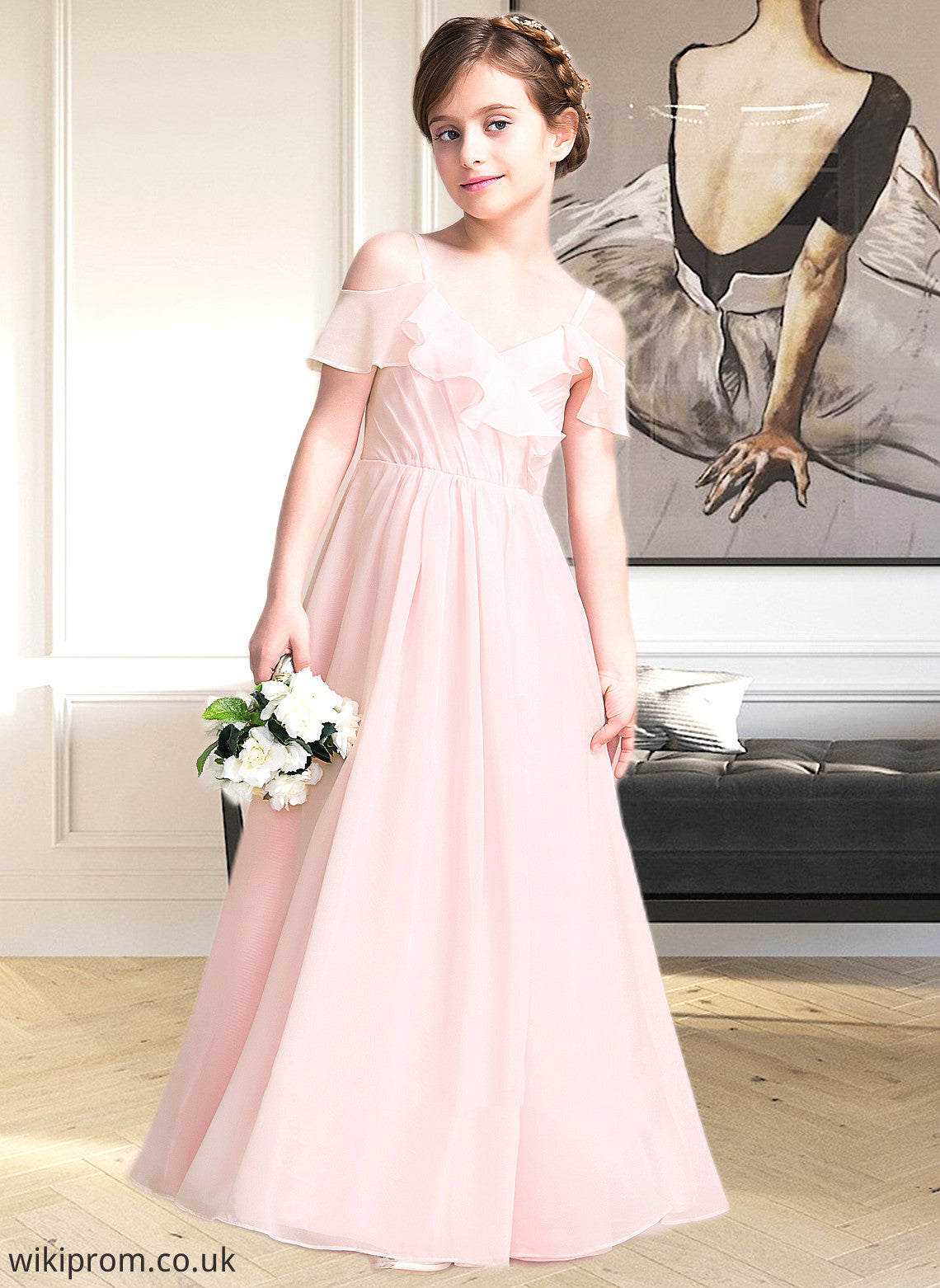 Harley A-Line V-neck Floor-Length Chiffon Junior Bridesmaid Dress With Cascading Ruffles SWKP0013567