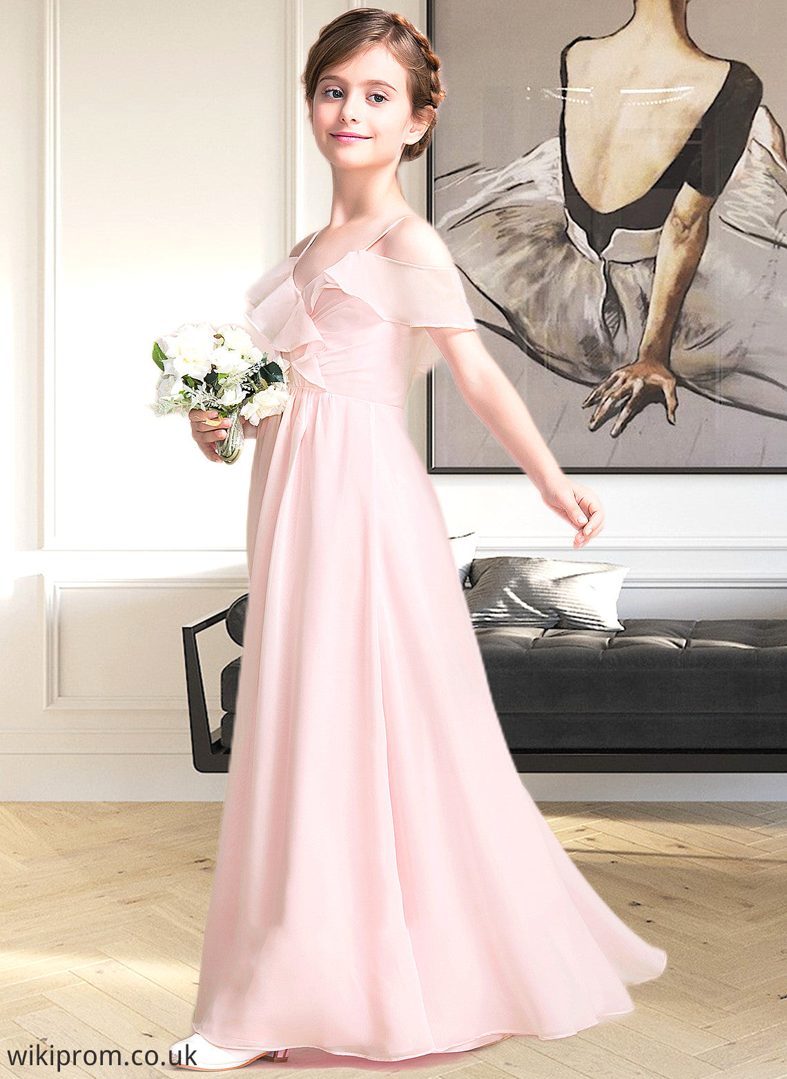 Harley A-Line V-neck Floor-Length Chiffon Junior Bridesmaid Dress With Cascading Ruffles SWKP0013567