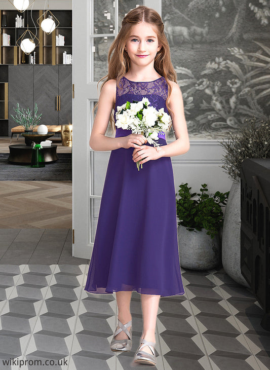 Lainey A-Line Scoop Neck Tea-Length Chiffon Junior Bridesmaid Dress SWKP0013569