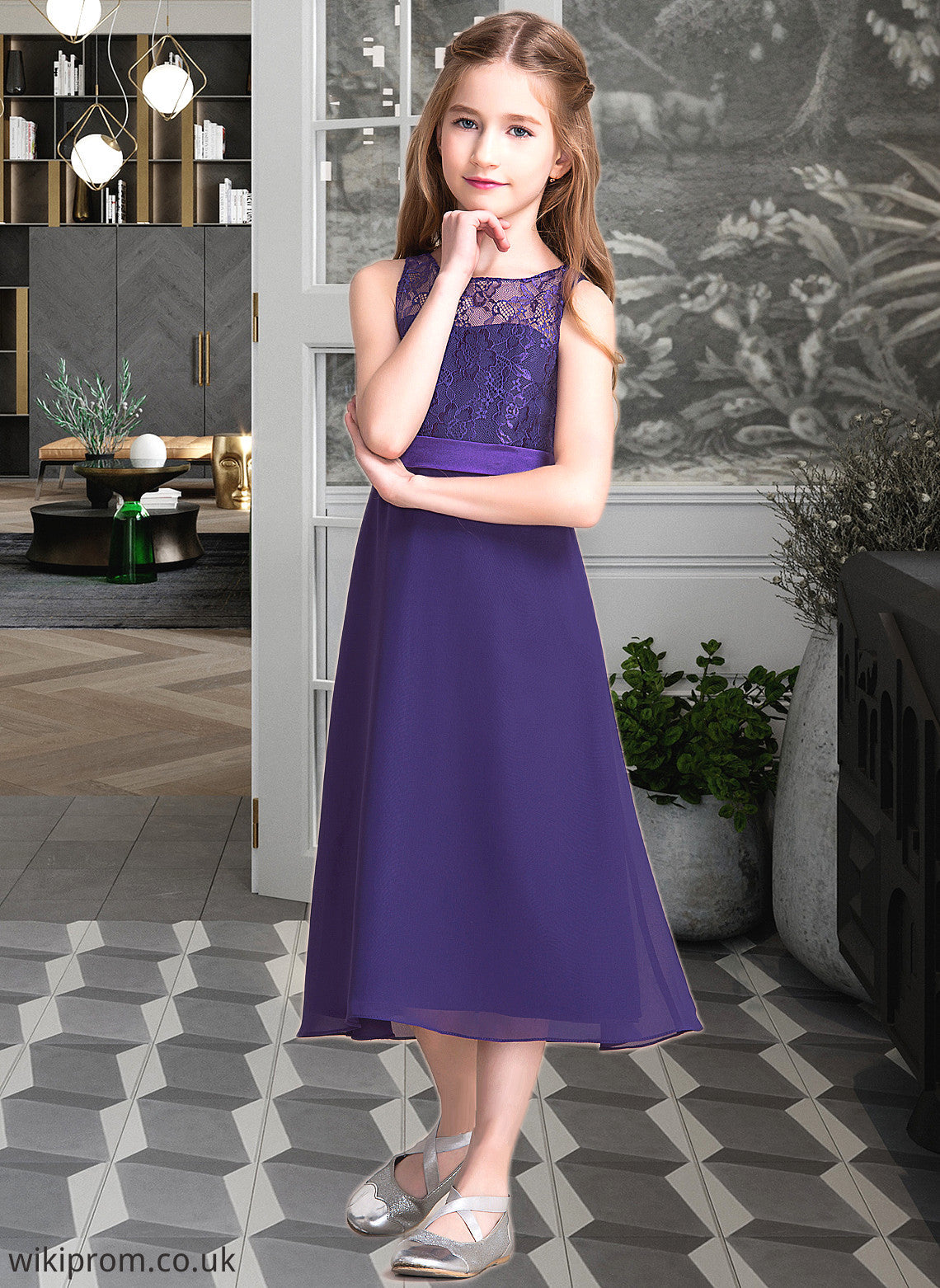 Lainey A-Line Scoop Neck Tea-Length Chiffon Junior Bridesmaid Dress SWKP0013569