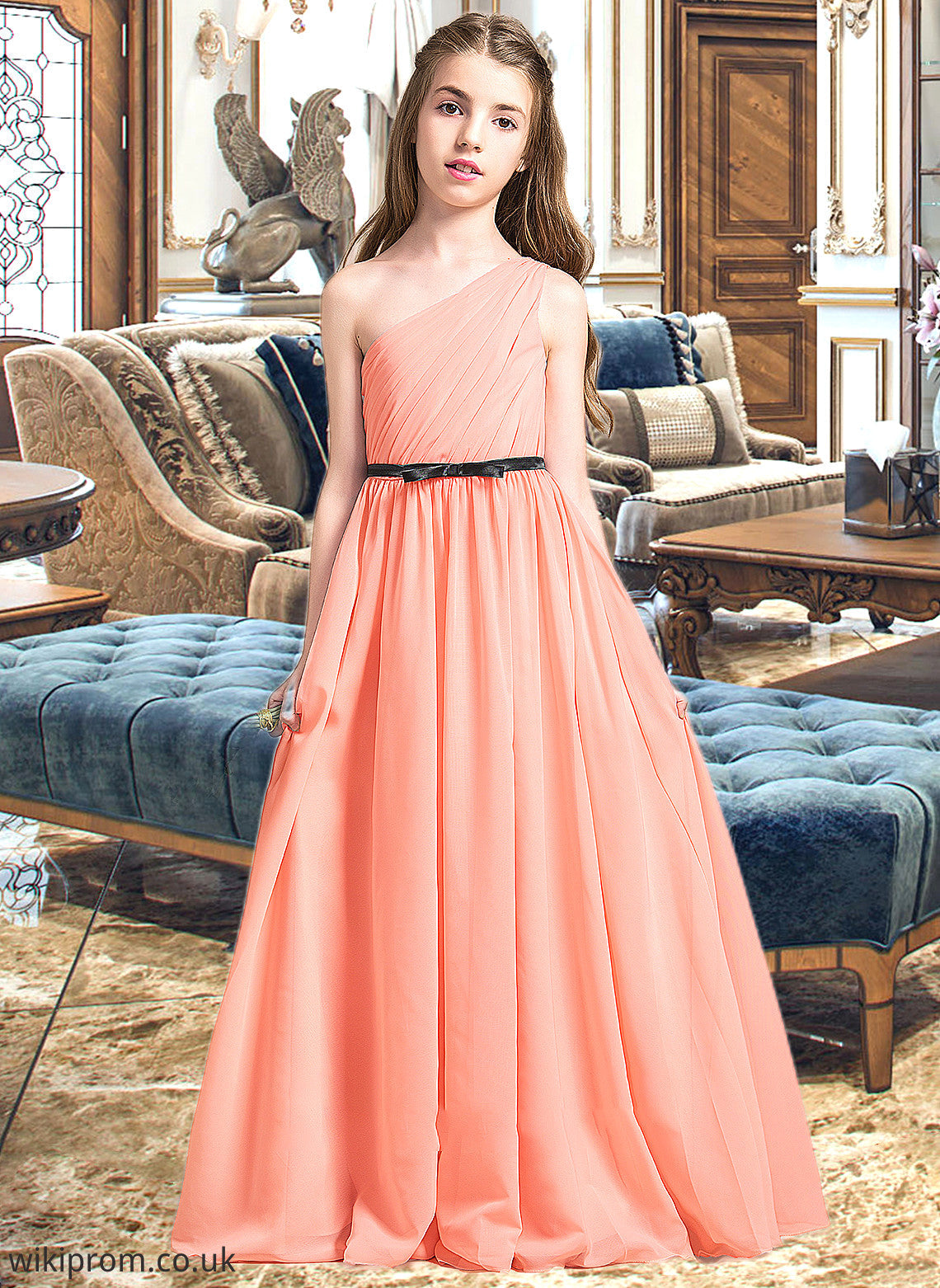 Sasha A-Line One-Shoulder Floor-Length Chiffon Junior Bridesmaid Dress With Ruffle Bow(s) SWKP0013570