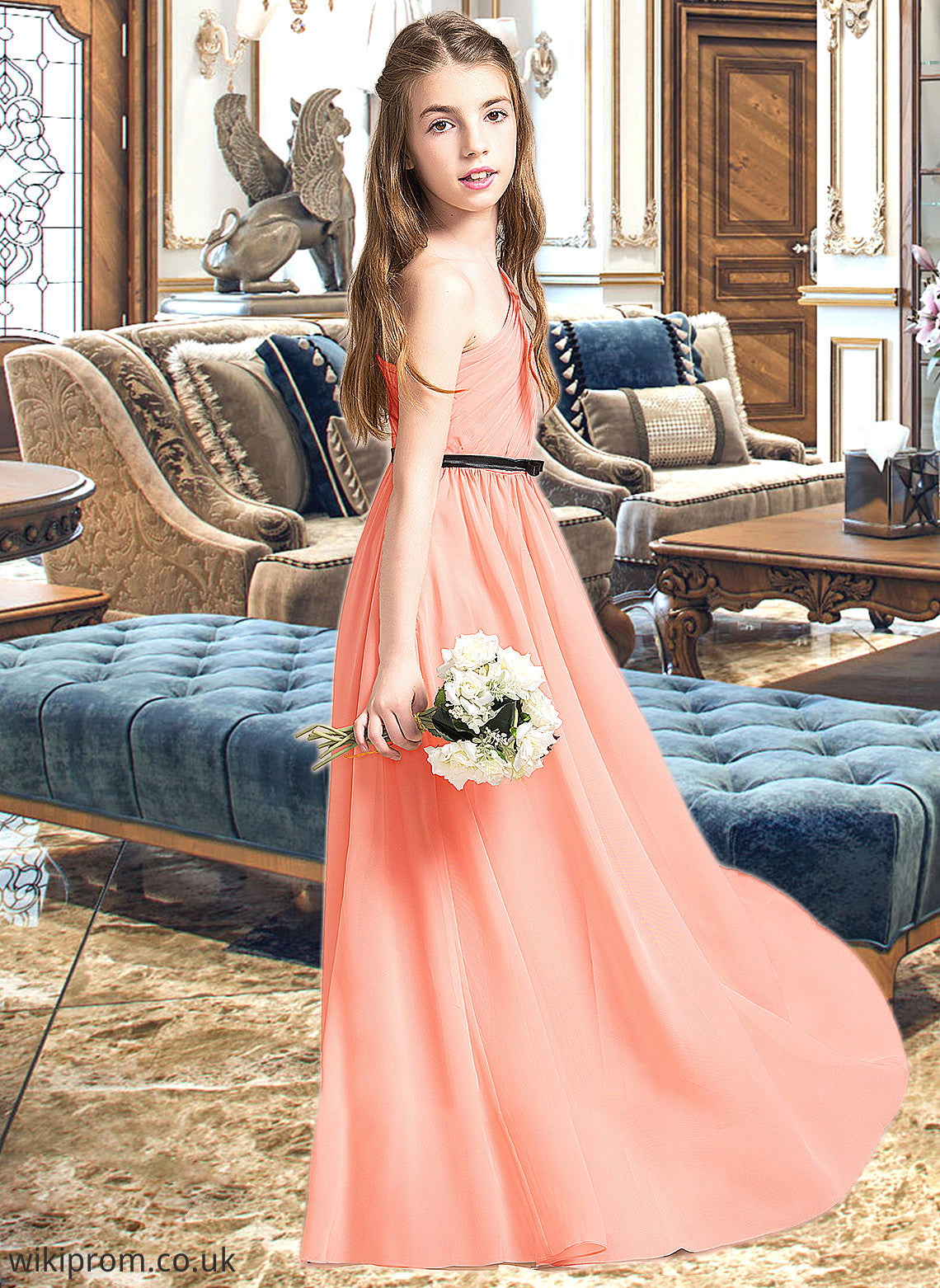 Sasha A-Line One-Shoulder Floor-Length Chiffon Junior Bridesmaid Dress With Ruffle Bow(s) SWKP0013570