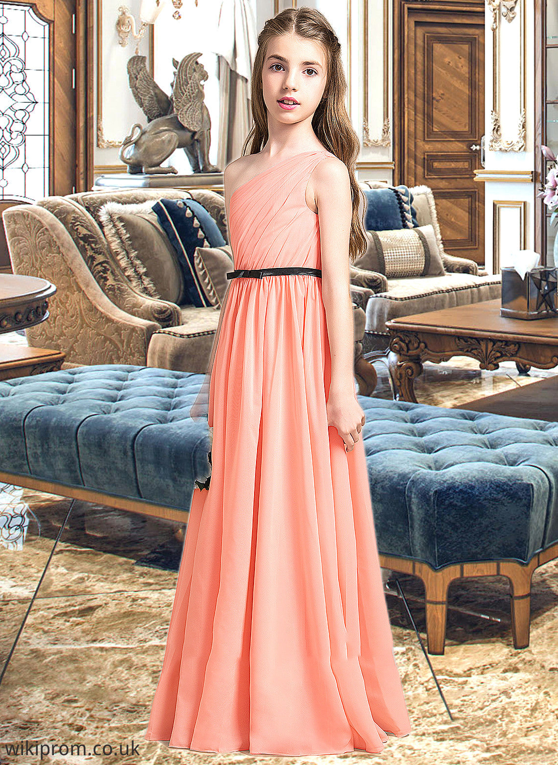 Sasha A-Line One-Shoulder Floor-Length Chiffon Junior Bridesmaid Dress With Ruffle Bow(s) SWKP0013570