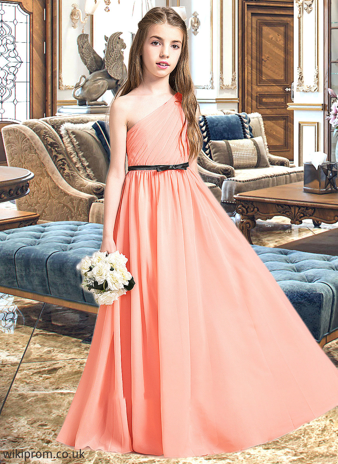 Sasha A-Line One-Shoulder Floor-Length Chiffon Junior Bridesmaid Dress With Ruffle Bow(s) SWKP0013570