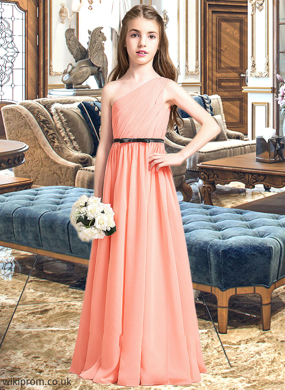 Sasha A-Line One-Shoulder Floor-Length Chiffon Junior Bridesmaid Dress With Ruffle Bow(s) SWKP0013570