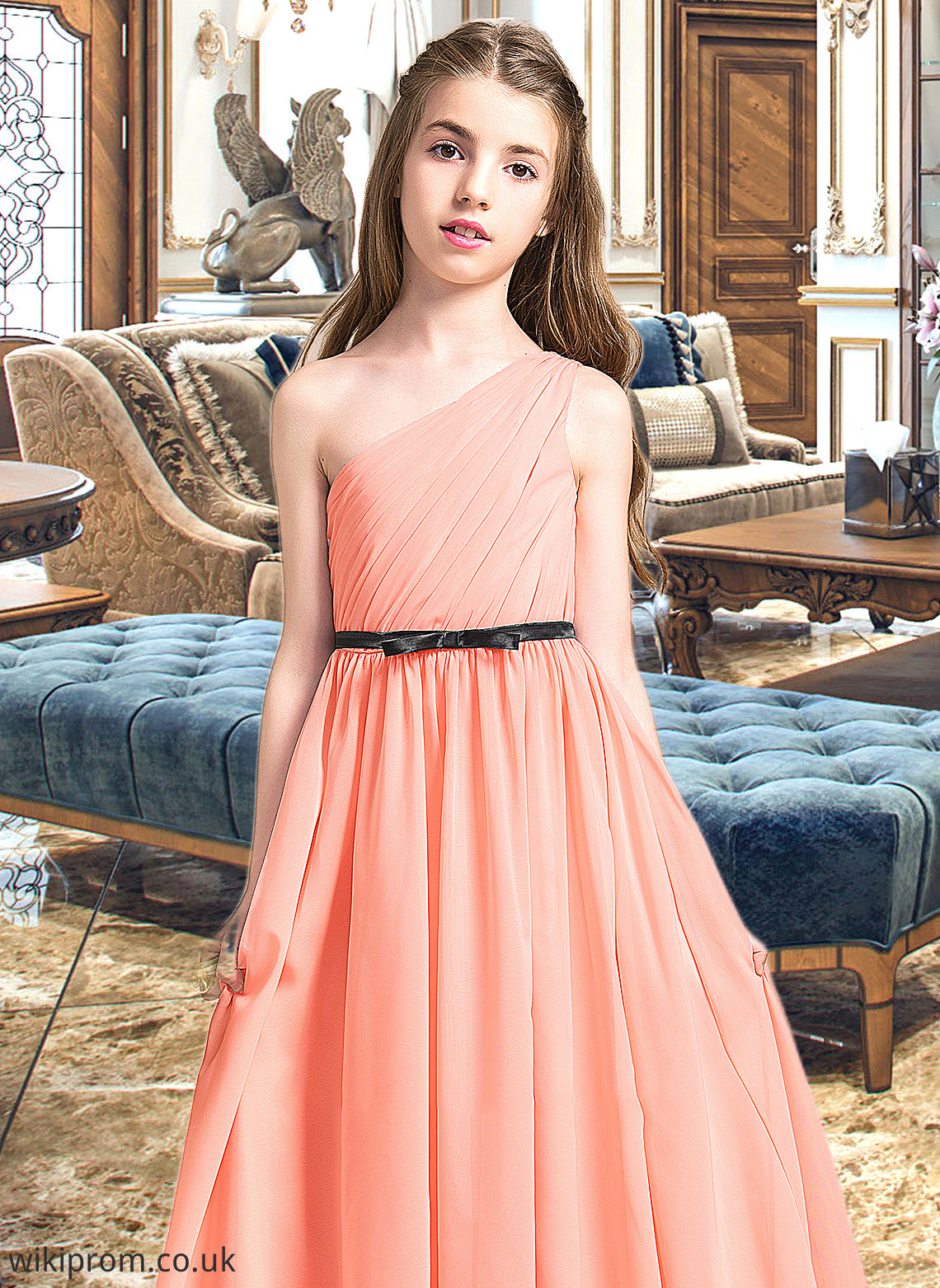 Sasha A-Line One-Shoulder Floor-Length Chiffon Junior Bridesmaid Dress With Ruffle Bow(s) SWKP0013570