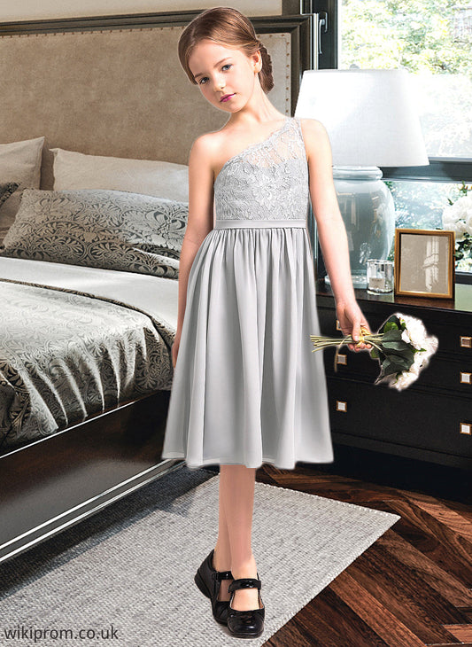 Jada A-Line One-Shoulder Knee-Length Chiffon Lace Junior Bridesmaid Dress SWKP0013571