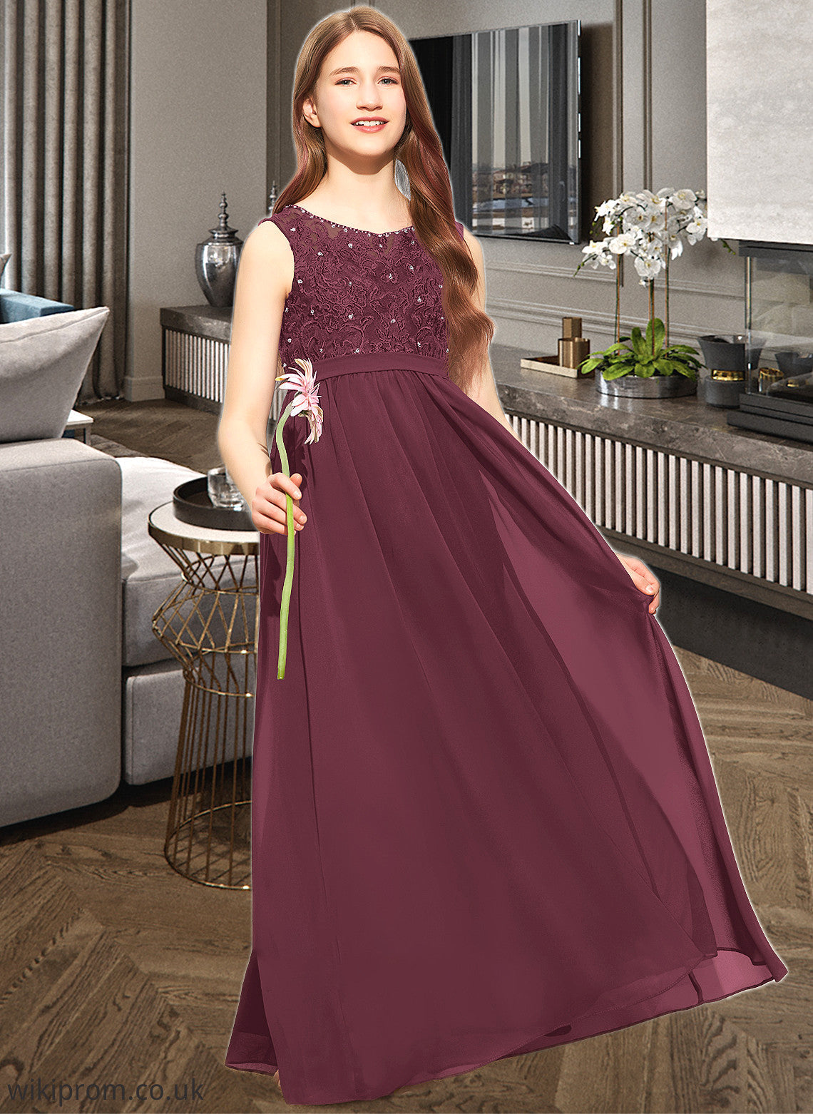 Charlie A-Line Scoop Neck Floor-Length Chiffon Lace Junior Bridesmaid Dress With Beading Sequins SWKP0013572