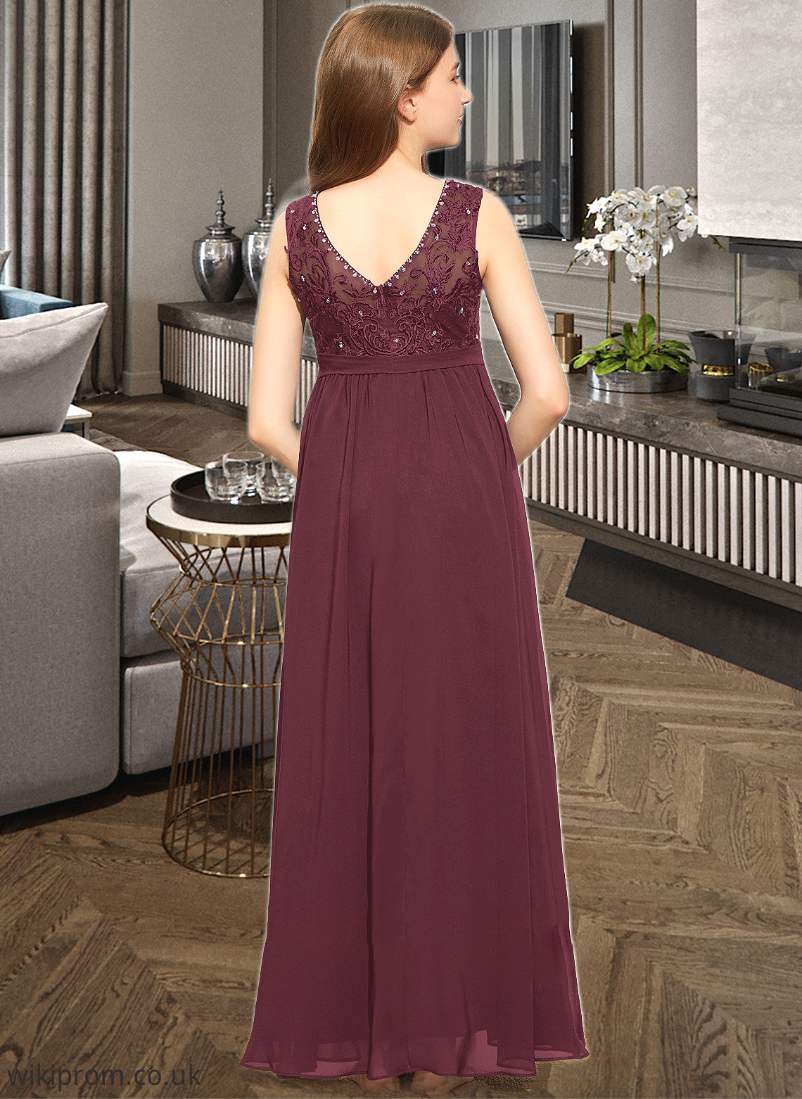 Charlie A-Line Scoop Neck Floor-Length Chiffon Lace Junior Bridesmaid Dress With Beading Sequins SWKP0013572