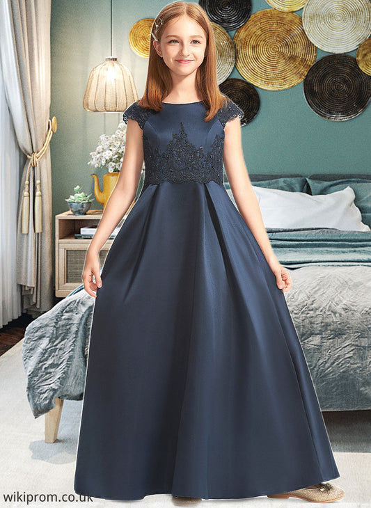 Amya A-Line Scoop Neck Floor-Length Satin Lace Junior Bridesmaid Dress With Beading Sequins Bow(s) SWKP0013574