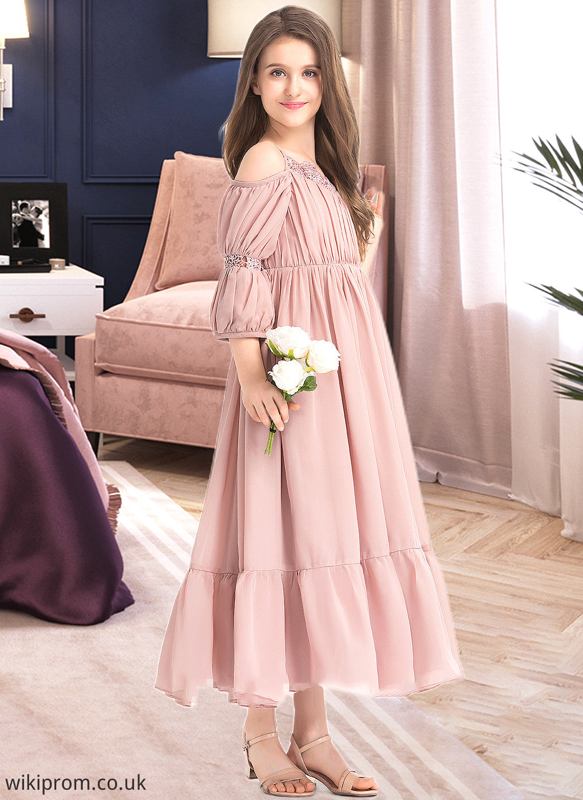 Hailie A-Line Square Neckline Ankle-Length Chiffon Junior Bridesmaid Dress With Ruffle Lace SWKP0013575