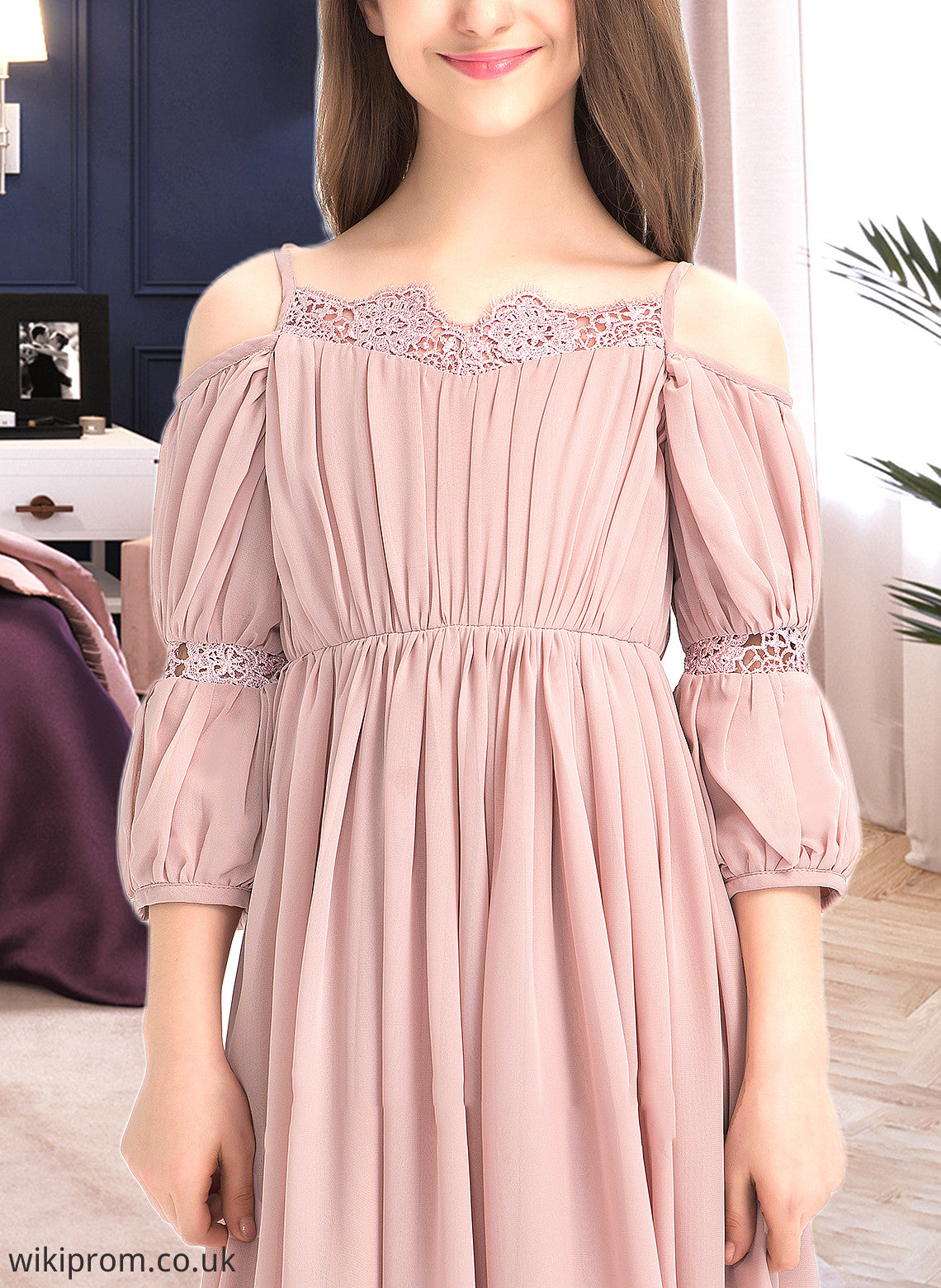 Hailie A-Line Square Neckline Ankle-Length Chiffon Junior Bridesmaid Dress With Ruffle Lace SWKP0013575