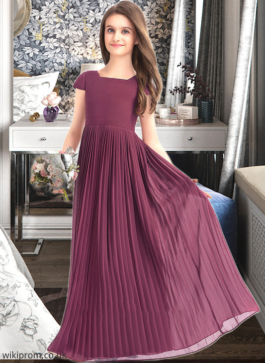 Jayla A-Line Square Neckline Floor-Length Chiffon Junior Bridesmaid Dress With Lace Bow(s) Pleated SWKP0013576