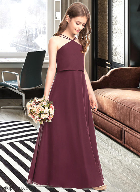 Rosie A-Line V-neck Floor-Length Chiffon Junior Bridesmaid Dress SWKP0013577