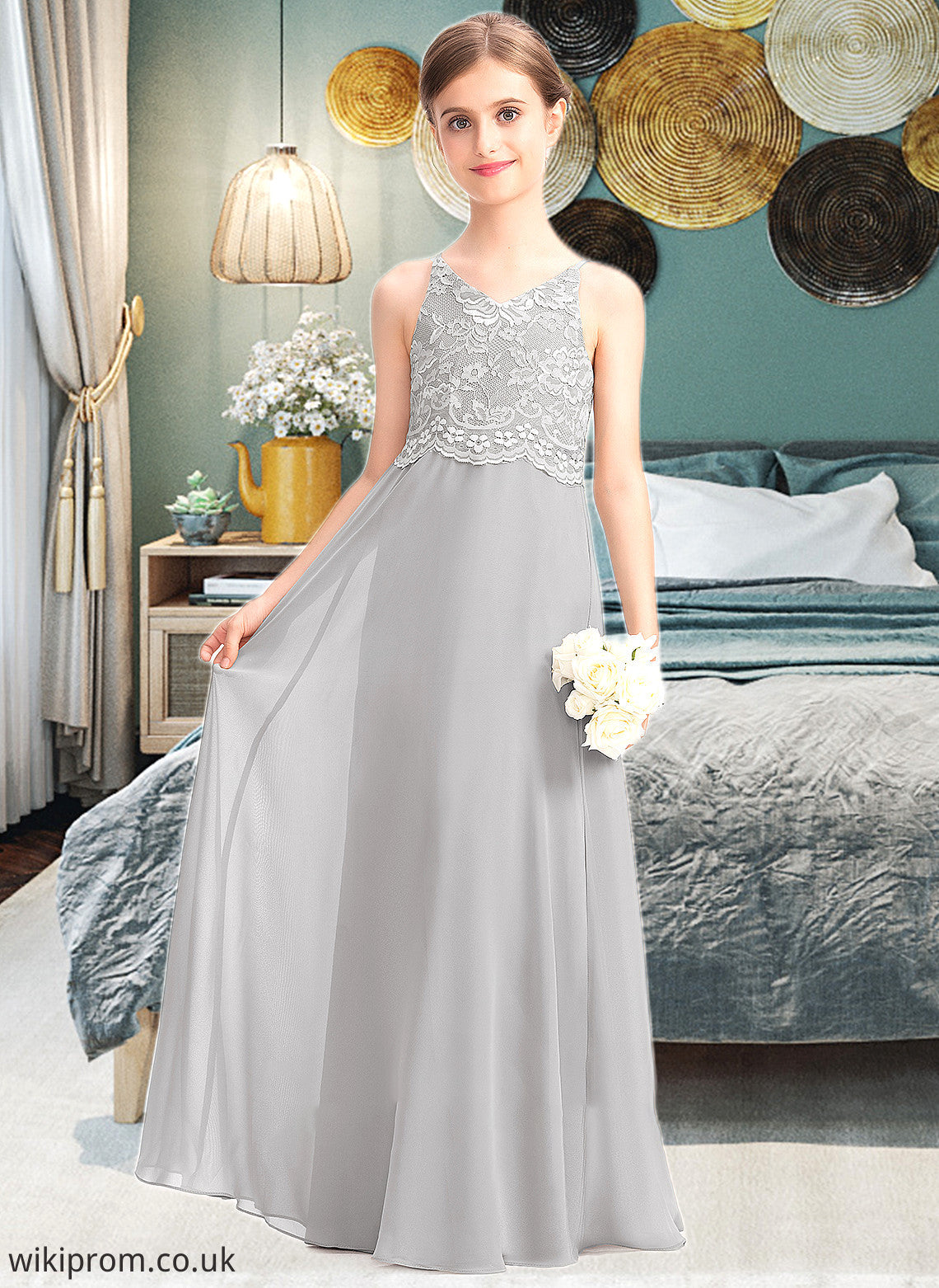 Aliya A-Line V-neck Floor-Length Chiffon Lace Junior Bridesmaid Dress SWKP0013579