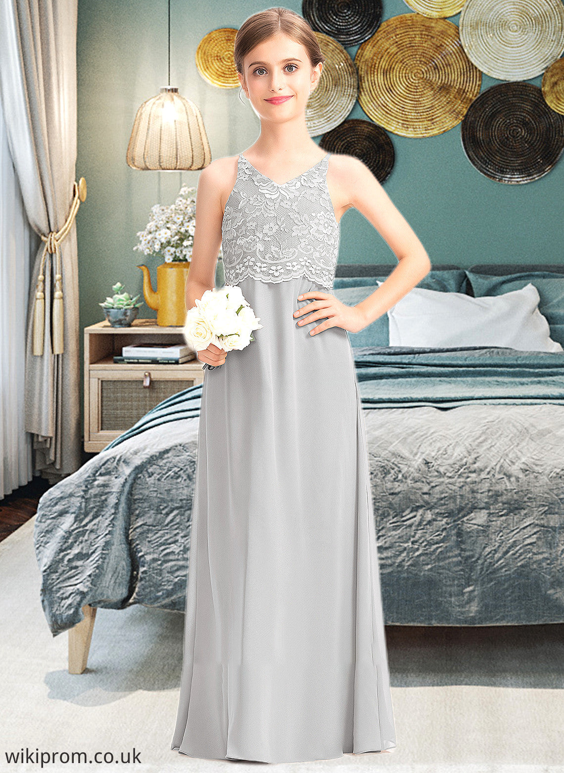 Aliya A-Line V-neck Floor-Length Chiffon Lace Junior Bridesmaid Dress SWKP0013579