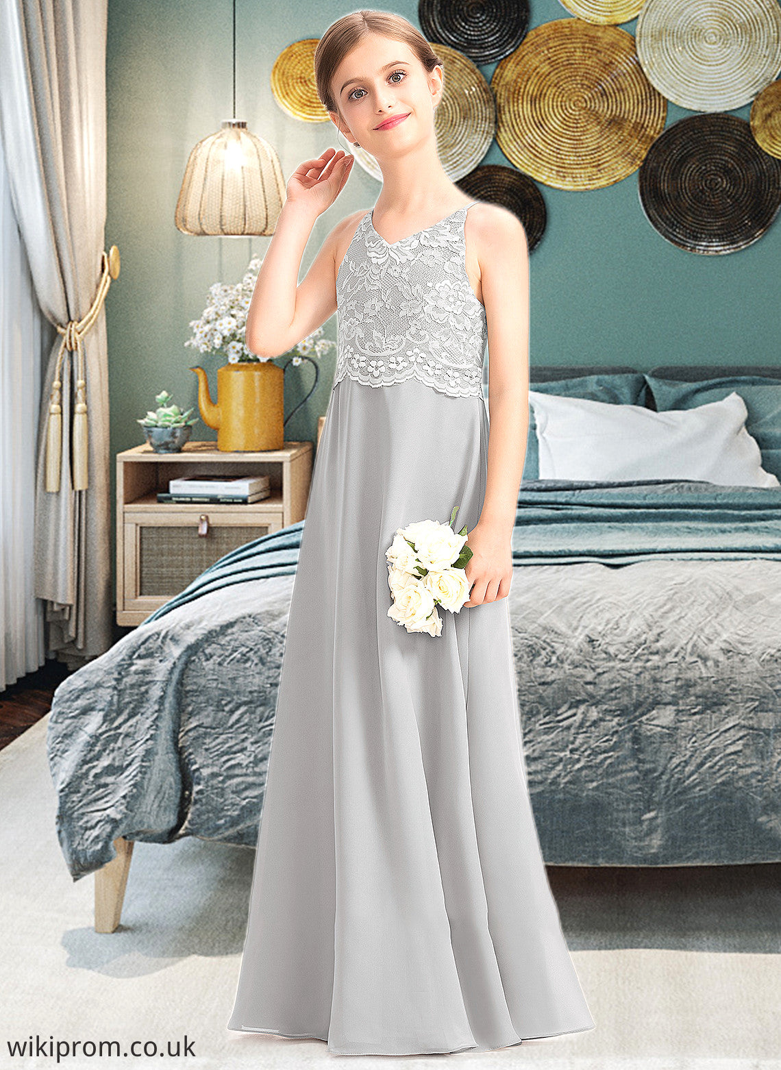 Aliya A-Line V-neck Floor-Length Chiffon Lace Junior Bridesmaid Dress SWKP0013579