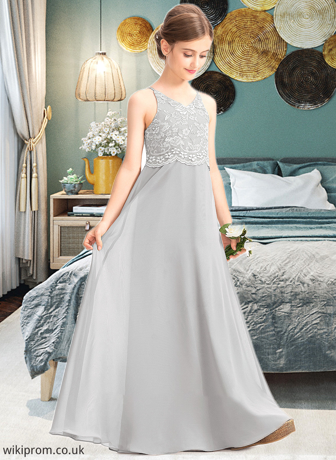 Aliya A-Line V-neck Floor-Length Chiffon Lace Junior Bridesmaid Dress SWKP0013579