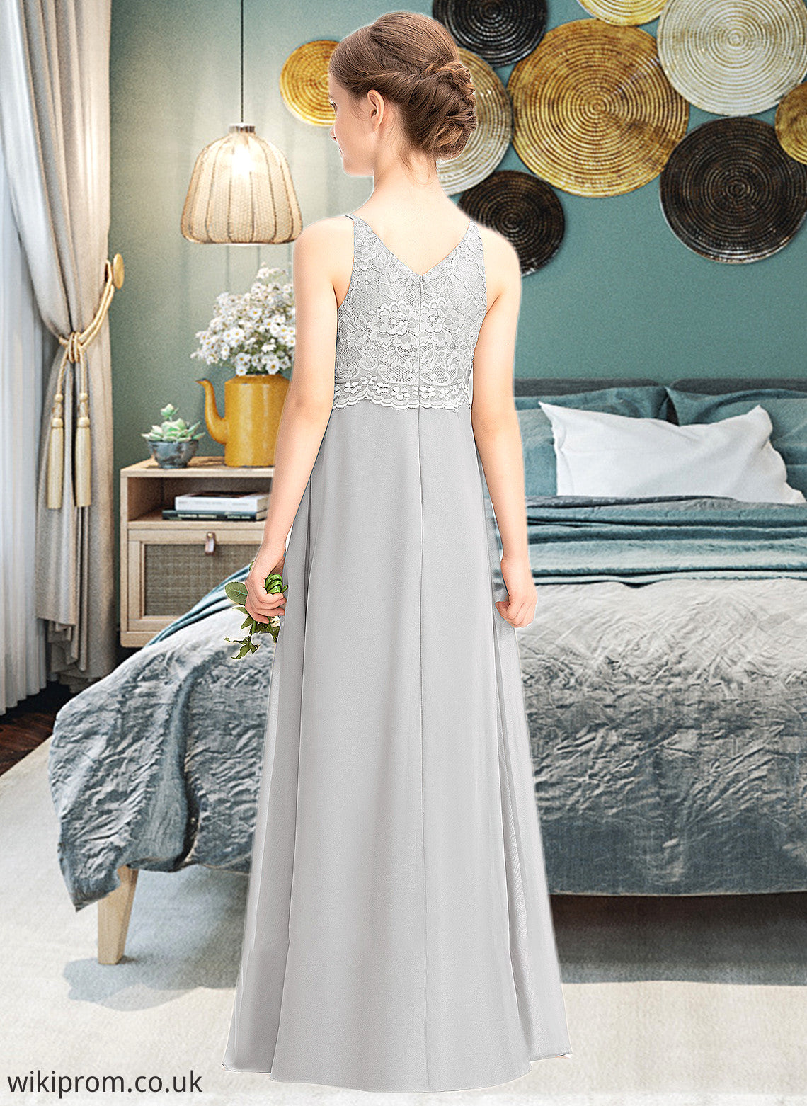 Aliya A-Line V-neck Floor-Length Chiffon Lace Junior Bridesmaid Dress SWKP0013579