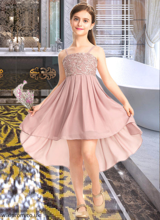 Jessica A-Line Square Neckline Asymmetrical Chiffon Lace Junior Bridesmaid Dress SWKP0013580