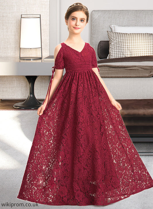 Meredith A-Line V-neck Floor-Length Lace Junior Bridesmaid Dress With Ruffle Bow(s) SWKP0013581