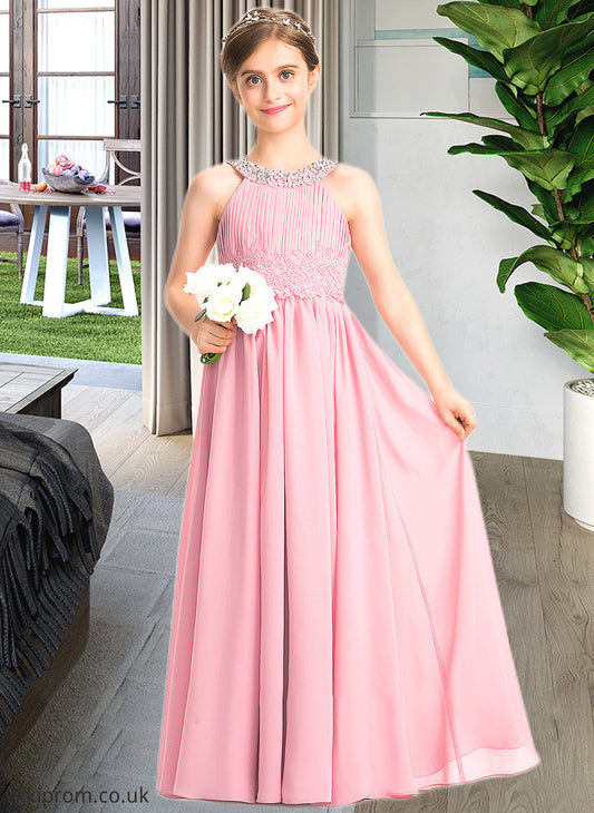 Reyna A-Line Scoop Neck Floor-Length Chiffon Lace Junior Bridesmaid Dress With Ruffle Beading Sequins SWKP0013582