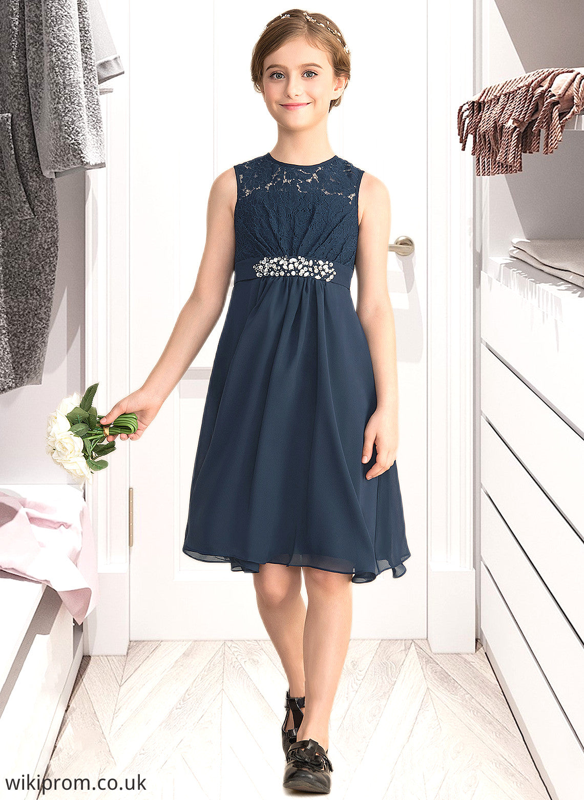 Aubrie A-Line Scoop Neck Knee-Length Chiffon Lace Junior Bridesmaid Dress With Beading Sequins Bow(s) SWKP0013583